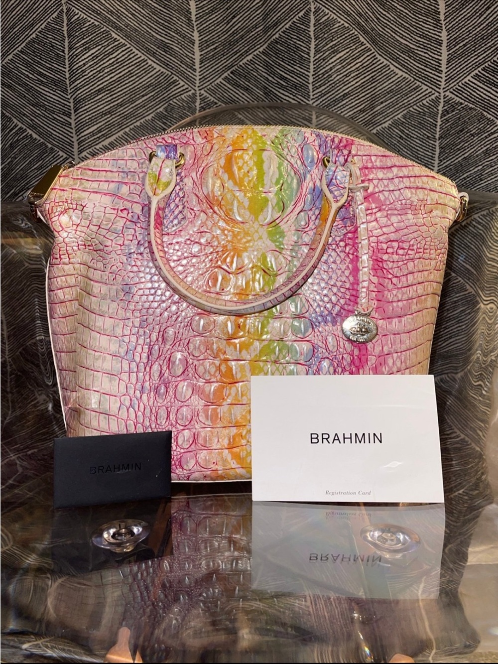 Brahmin Multicolor Croc-Embossed Satchel - Pink, Yellow, Green, Blue - Picture 2 of 9